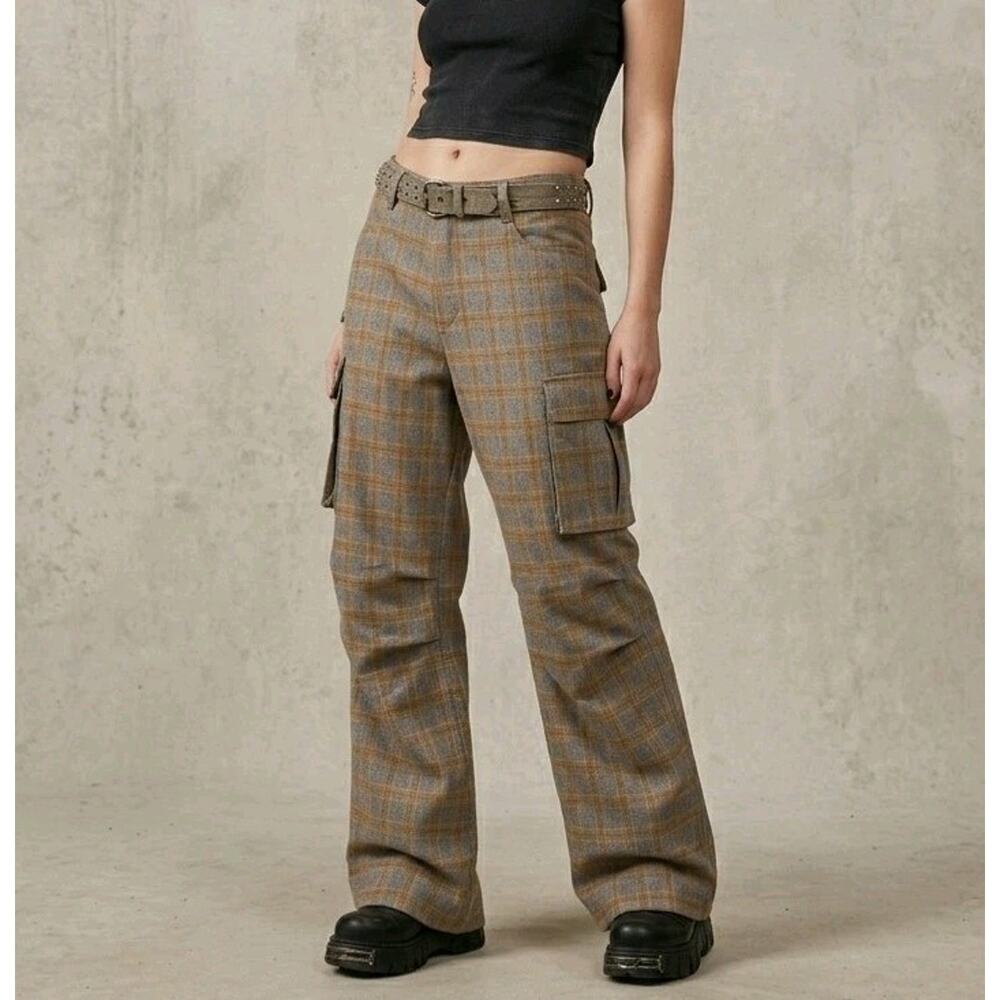 Steve Madden Plaid Cargo Pants Small Baggy Wide Leg Grunge Y2K Utility Ilaria